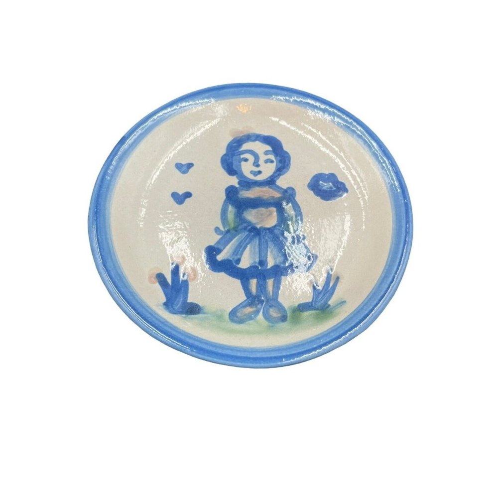 M.A. Hadley Pottery Coaster Plate Girl With Flowers Blue White 4" Small Butter